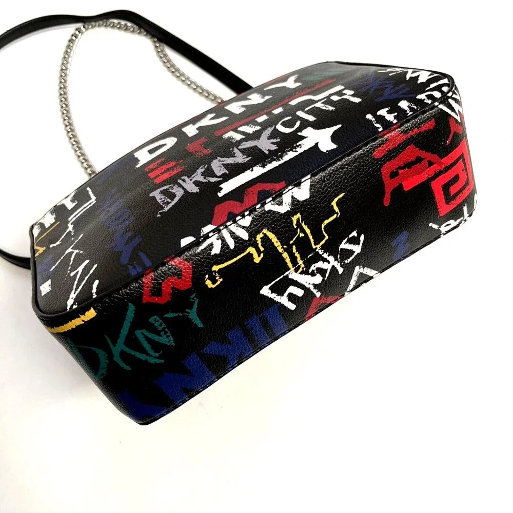 DKNY Cleo Medium Graffiti Crossbody Shoulder Bag Black Multi Logo Chain NWT $230